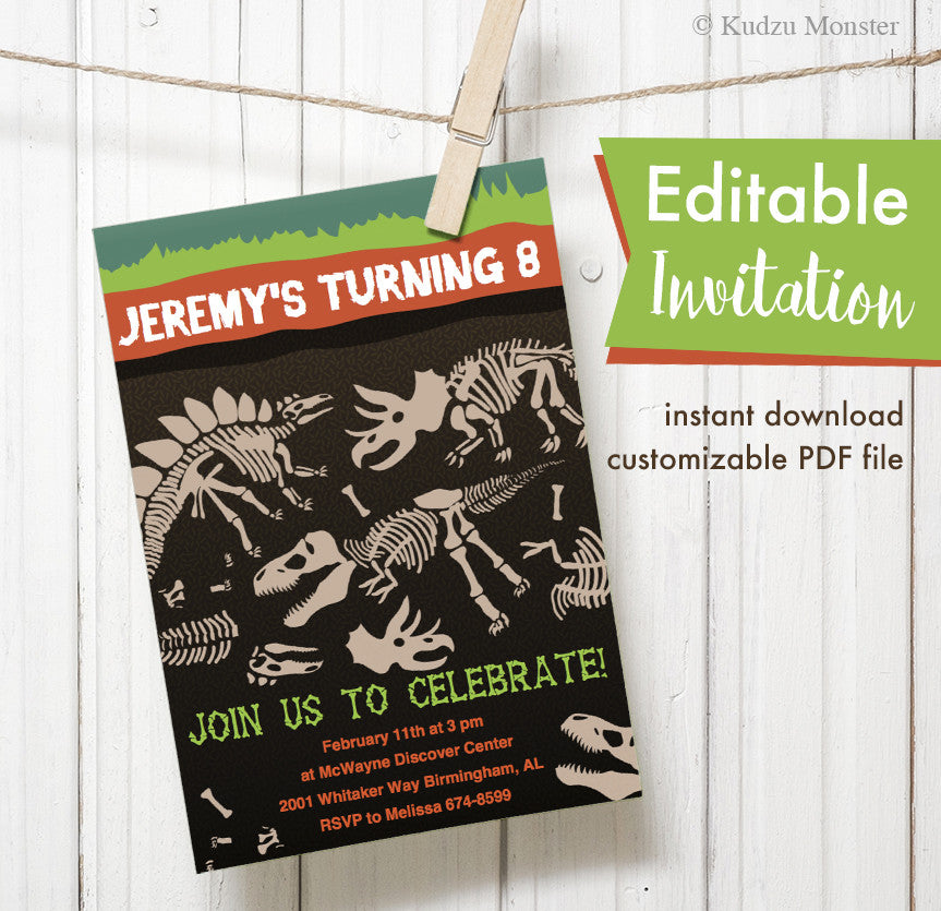 Dinosaur Fossil Printable Invitation - Kudzu Monster
 - 1