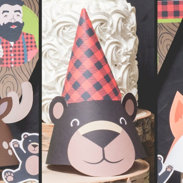 Woodland Plaid Lumberjack Party hats printable instant download 3 DIY party hats Deer with antlers, black bear, and fox gingham black & red