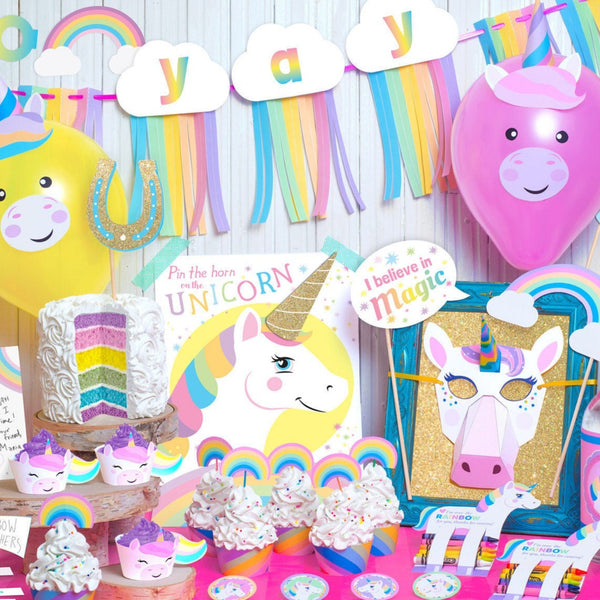 Unicorn Rainbow Printable Party Decor and Birthday Activity Kit Instant Download photo props, banner, cupcake wrappers, party favors, & more