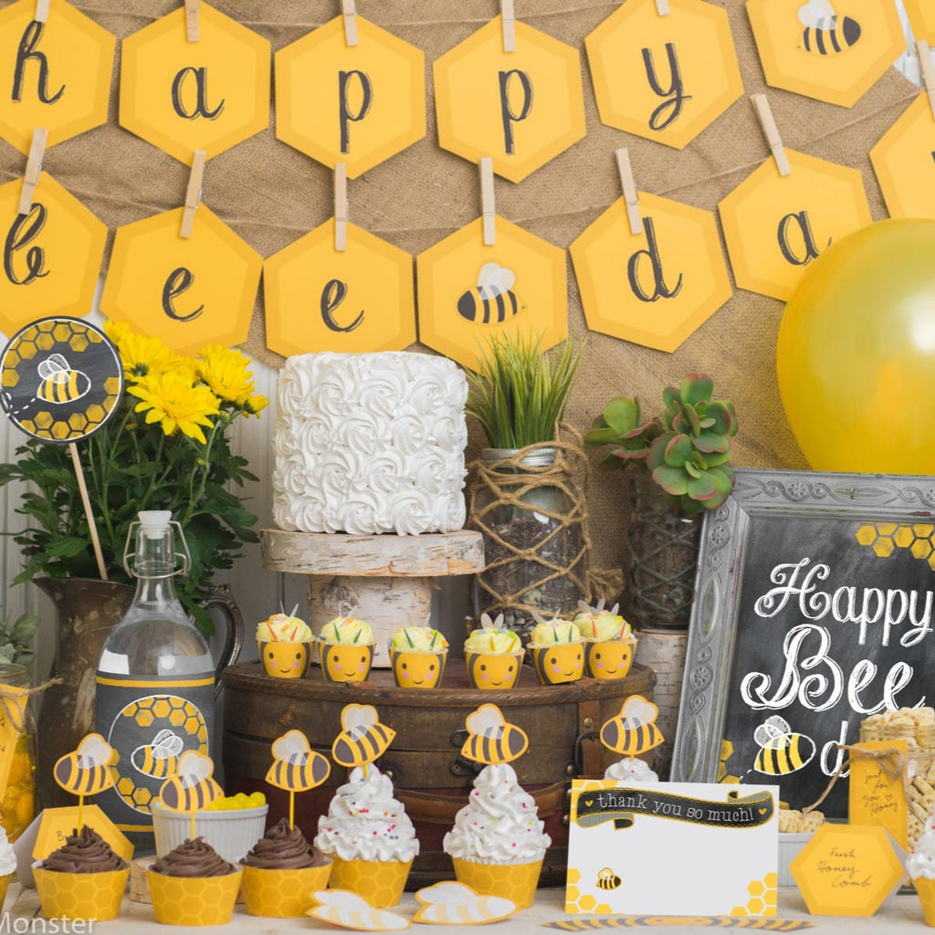 BEE day Birthday Party Kit Bumble bee themed 1st birthday, 2nd birthday, 3rd birthday Cute Printable Ochre + Grey honeycomb & stripes decor