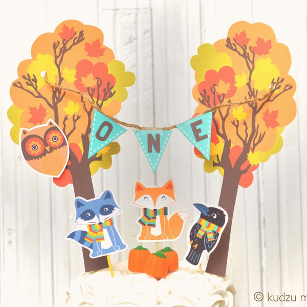 Woodland Party Smash Cake Topper Cute Animals and Fall trees Owl Fox Raccoon Crow Raven Mini Flag banner cake decor