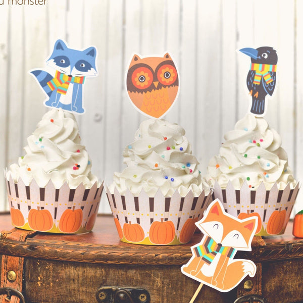 Autumn Fall Pumpkin Woodland Cupcake Topper and Cupcake Wrapper Printable Decor Kit Fox Raccoon Raven Crow Owl Pumpkin