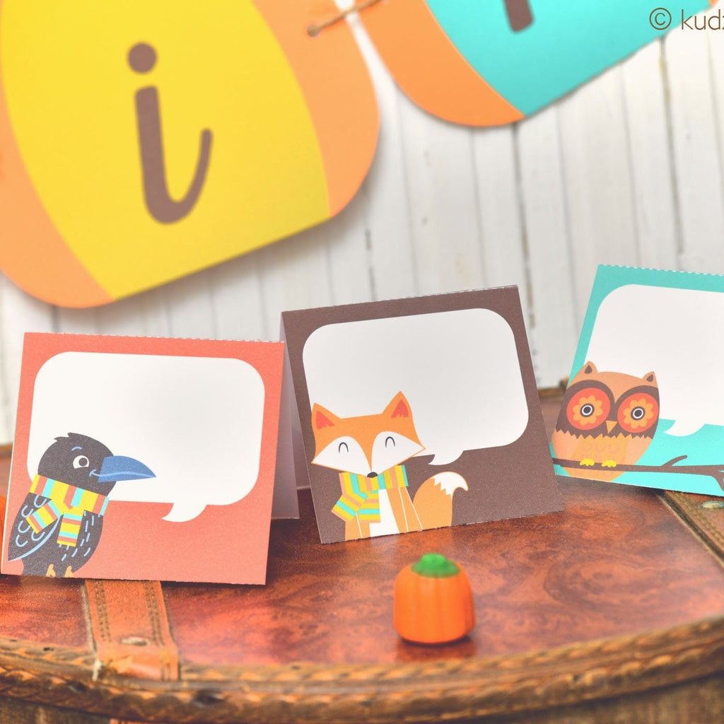 Fall Woodland Character Illustrated Tent Cards for Food Labels, Name Cards, Table Cards, Decor and More