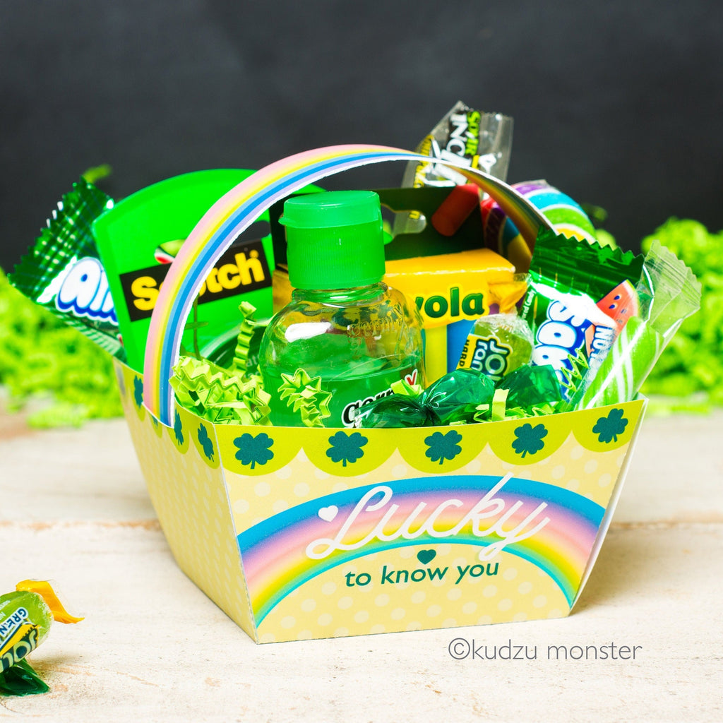 Printable St. Patrick's Day basket instant download rainbow foldable baskets cute DIY Teacher Appreciation mini gift basket craft