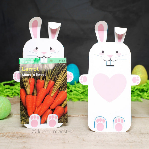 Easter Bunny Printable Card to hold seed packets as a unique Spring time gift Carrot seeds, flower seed DIY gardening flowers White Rabbit