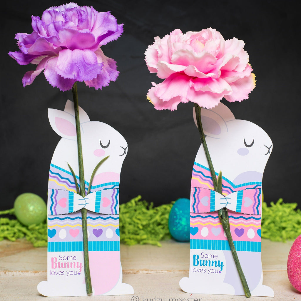 Bunny flower holder cute printable rabbit shaped card that hugs a single flower for Easter Some Bunny Love You spring carnation daisy gift