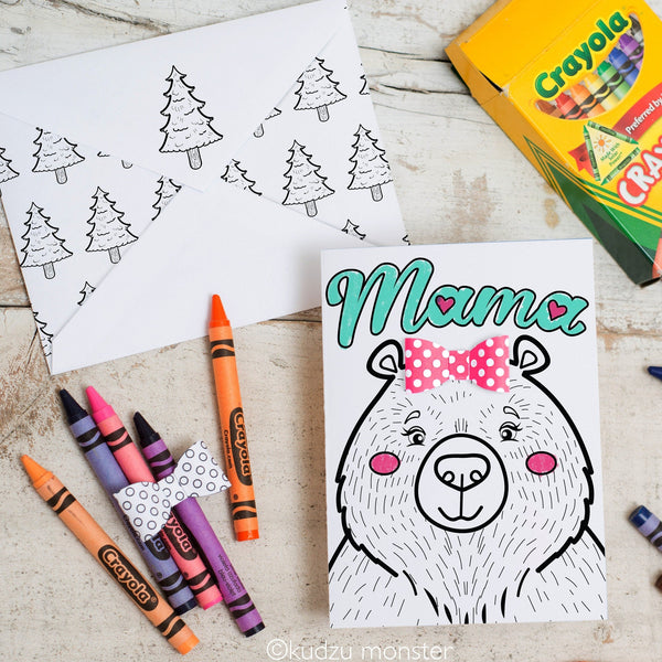 Mama Bear Mother's Day Card INSTANT Printable Coloring page printable craft classroom daycare activity with Optional 3D Bow Cute Fun DIY