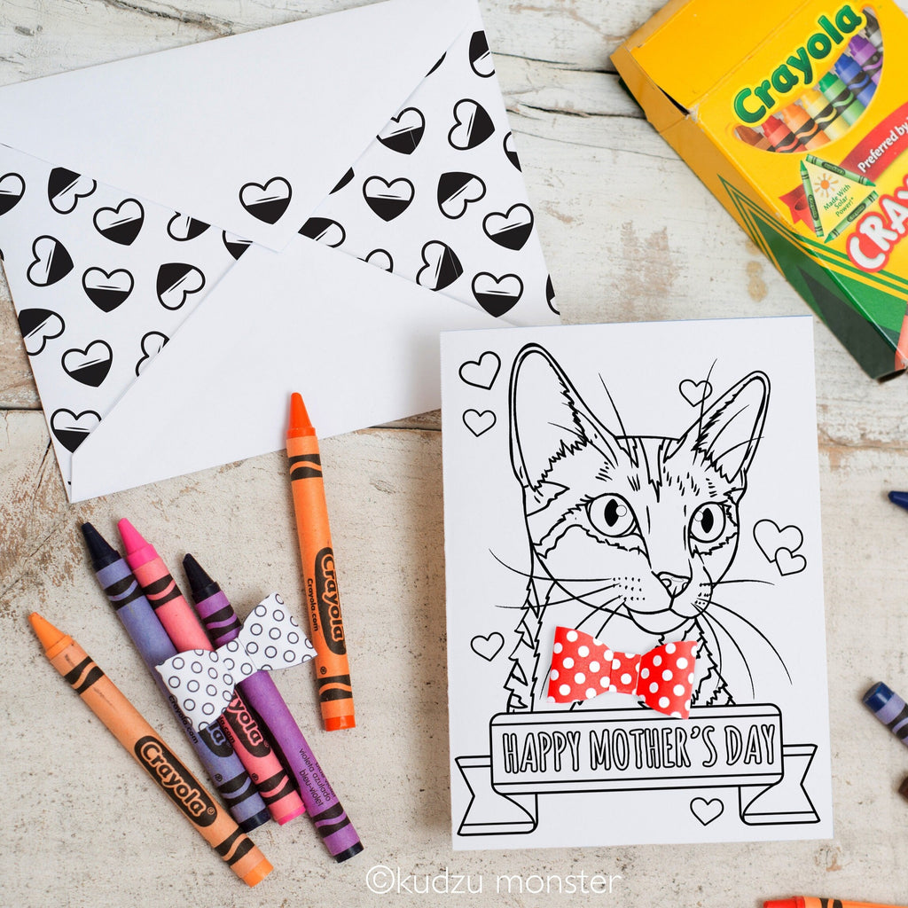 Cat INSTANT DOWNLOAD Mother's Day Coloring page activity striped kitty tabby cat printable greeting card boston terrier 3D bowtie