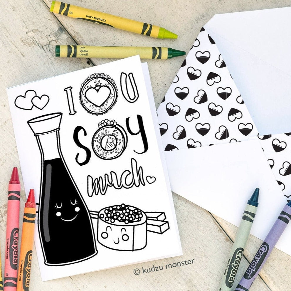 Sushi Roll Mother's Day INSTANT DOWNLOAD Printable Coloring Card cute DIY card soy sauce chopsticks hearts activity foodie mom punny