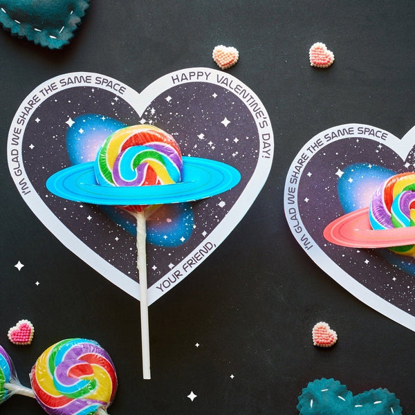 Saturn Sucker valentines Share the Same Space Science Lollipop heart shaped printable DIY easy valentines school Astronomy Planets