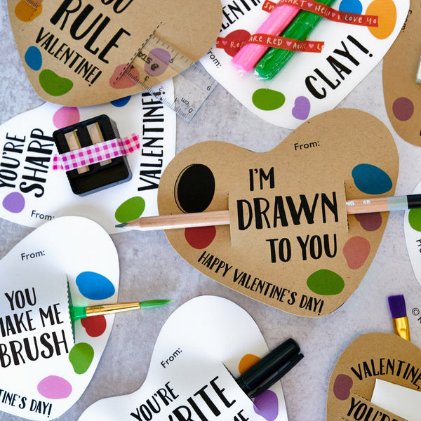Art Supply Valentines Paint Palette Heart Artists DIY Printable Kneaded Eraser, Paint Brush, Ruler, Pen, Clay, Pencil Sharpener, Mini Canvas