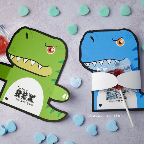 Printable T Rex Dinosaur Valentines Hugger for small toy, sucker, chocolate, eraser, and more Instant Download DIY dino valentine's day gift