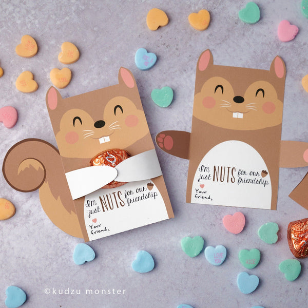 Printable Squirrel Valentines Hugger for small toy, sucker, chocolate, eraser, and more Instant Download DIY woodland valentine's day gift
