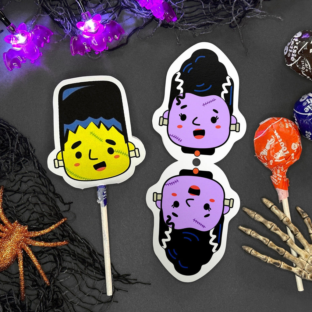 Printable Frankenstein Monster and Bride Sucker Covers - Cute Kawaii Lollipop Puppets - DIY Halloween Craft - Instant Download Party favor
