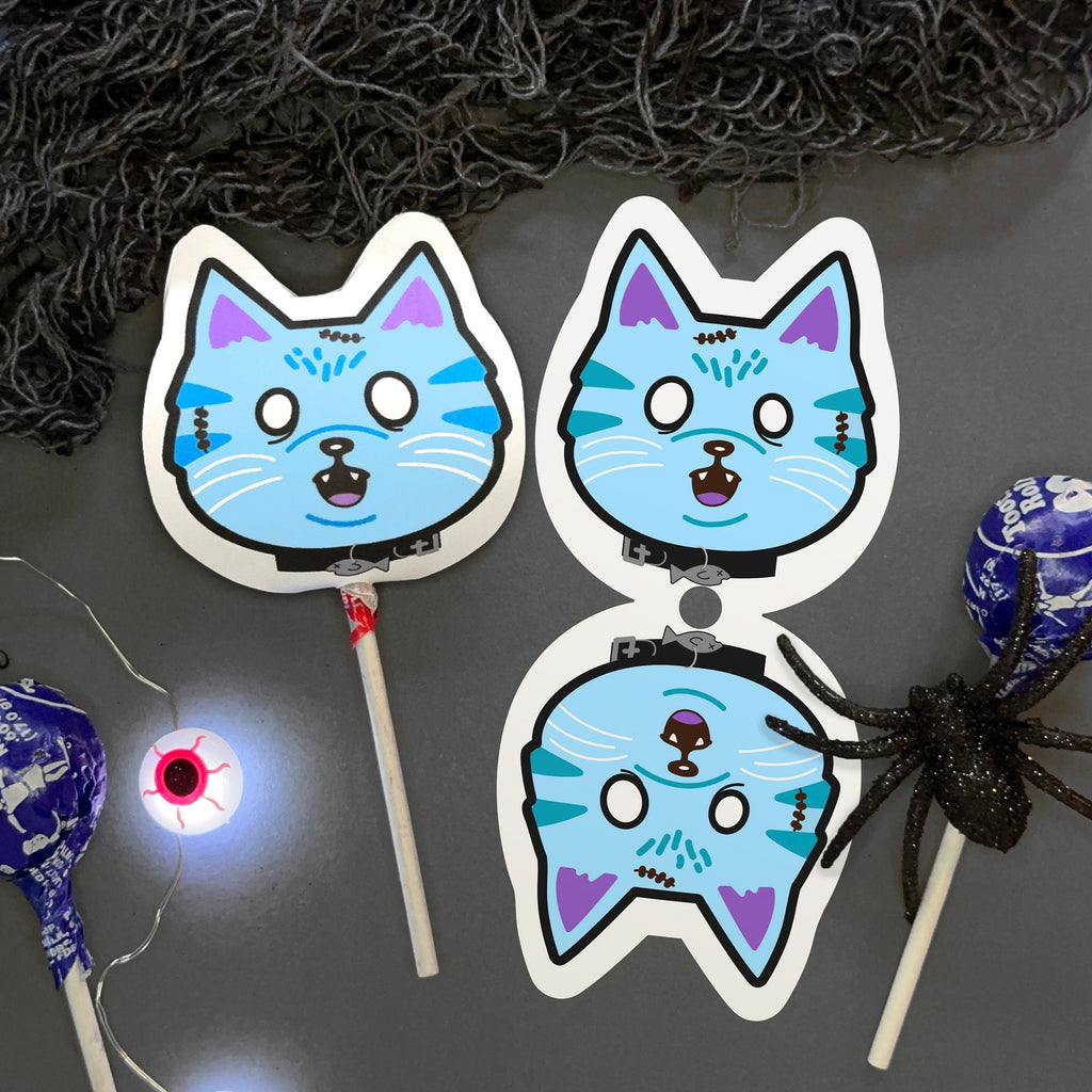 Printable Zombie Cat Character Sucker Covers - Funny Halloween Lollipop Puppets - Undead Cartoon Halloween Zombified Kitten