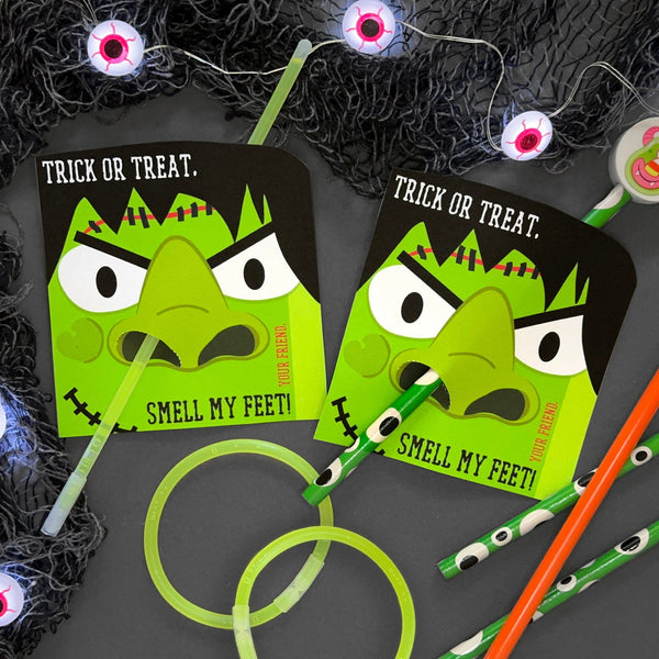Printable Frankenstein Nose pencil hugger, pixie stick, glow bracelet holder cards - Halloween party favor - instant download printable