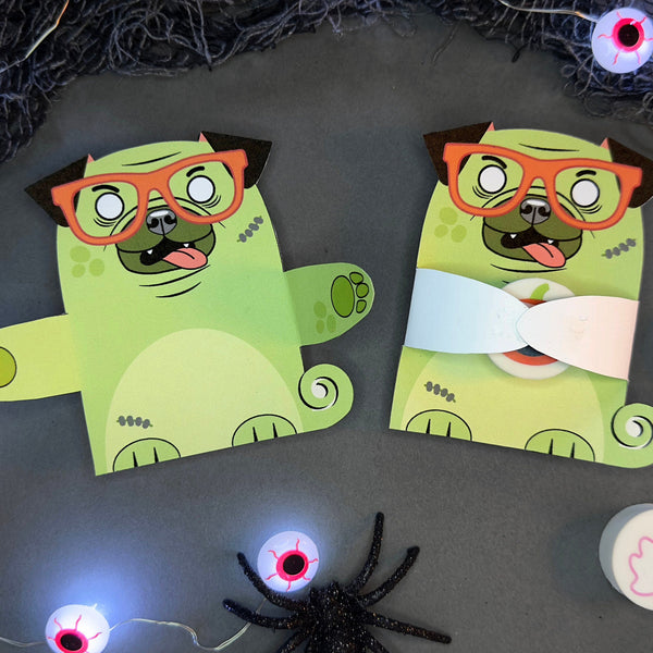 Zombie Pug Halloween Hugger for individually wrapped candy or small toys - Printable DIY Dog Halloween party favor - Trick or Treat