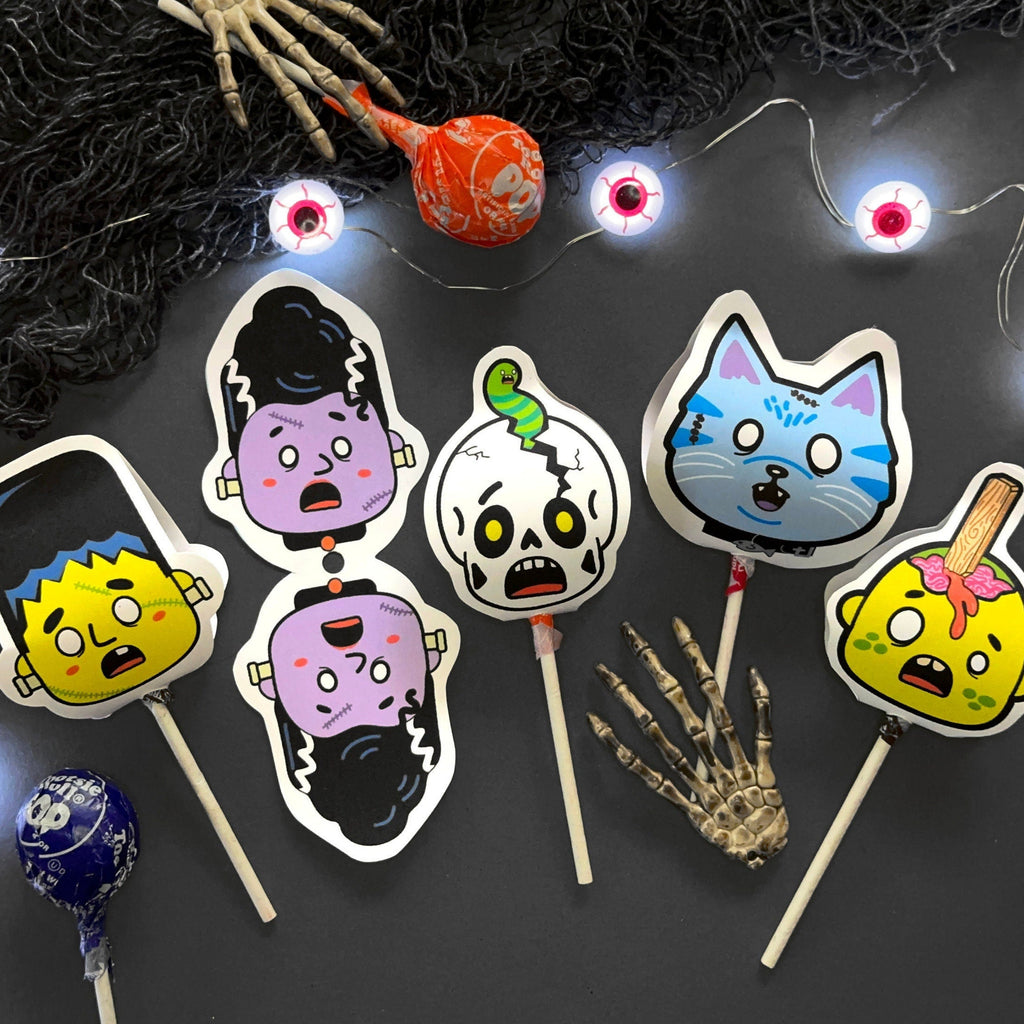 Printable Undead Character Sucker Covers - Funny Halloween Lollipop Puppets - Zombie Cat, Frankenstein, Skull, Illustrated Characters