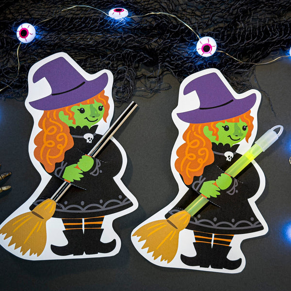 Printable Cute Witch Glow Stick or Pencil Holders - Instant Halloween Party Favors - Witches Trick or Treat Card -Cutting File Included