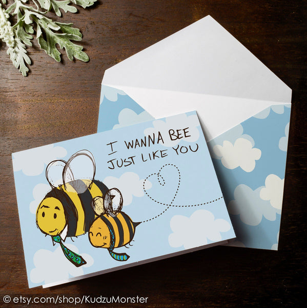 INSTANT DOWNLOAD Father's Day Bumble Bee Card I wanna bee just like you. Cute clouds illustrated sketchy fathers day card for children