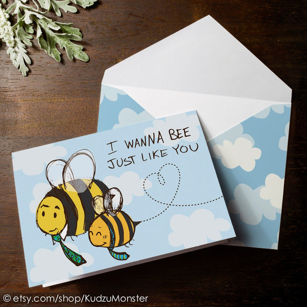 INSTANT DOWNLOAD Father's Day Bumble Bee Card I wanna bee just like you. Cute clouds illustrated sketchy fathers day card for children