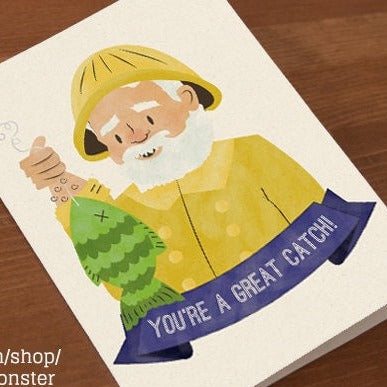 INSTANT DOWNLOAD Printable love Card Fisherman Fishing You're a Great Catch! manly bearded old man illustration fish sea ocean