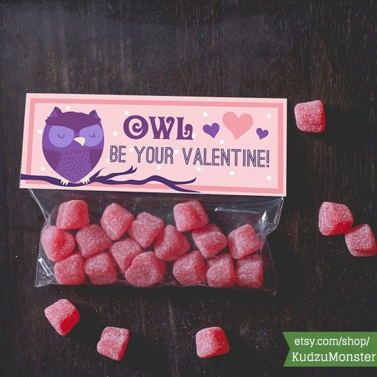 Printable treat topper valentine's day Owl pink purple Valentines Classroom candy bag top print at home INSTANT DOWNLOAD
