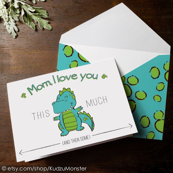 INSTANT DOWNLOAD Mothers Day Card cute kid's t rex dinosaur character character Mom, I love you this much stretched arms big hug DIY card
