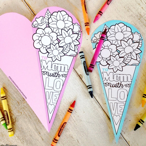 INSTANT DOWNLOAD Mother's Day Card Coloring page printable bouquet of flowers heart classroom craft coloring activity for mothers day DIY