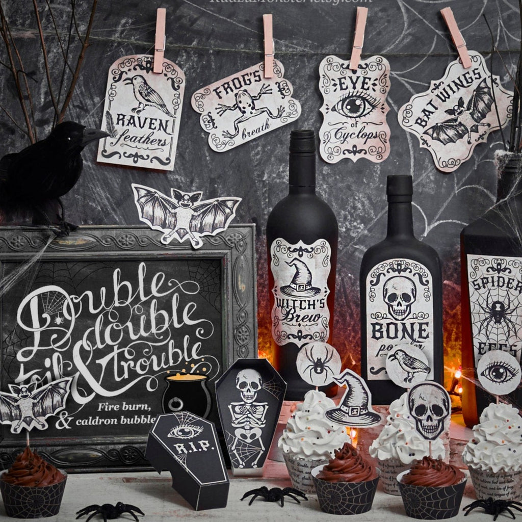 Halloween Printable Party Decor kit with cupcake wrapper and cupcake toppers, apothecary bottle labels, art print, party favor coffin boxes