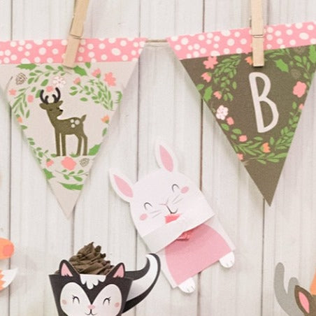 Banner Only: Girly pink woodland printable banner A-Z 0-9 spell out custom message for a cute fox deer baby shower 1st birthday 2nd birthday