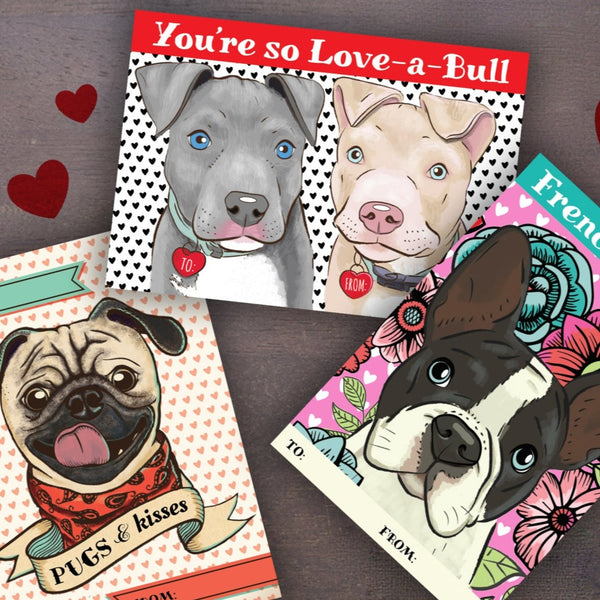 INSTANT DOWNLOAD Printable Classroom Dog Valentines cards with Pug French Bulldog and Pit bull puppies in cute tattoo style. Print from home