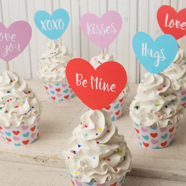 Valentines Cupcake wrappers and cupcake toppers for Valentine's day party printable hearts and patterned cupcake holders DIY decor