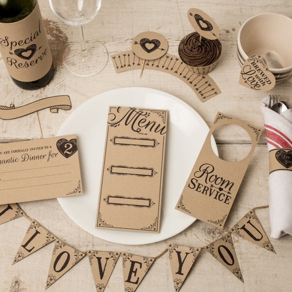 Valentine's Day Breakfast in Bed or Romantic Dinner for 2 printable DIY kit with menu, napkin wraps, cupcake wrappers, banner, and more