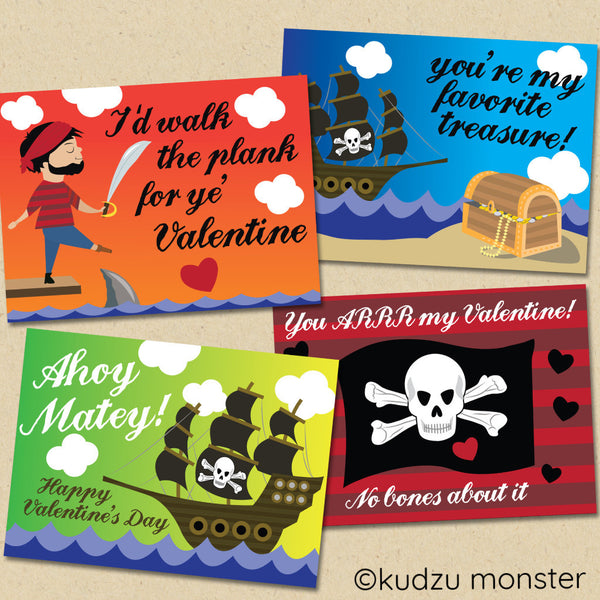 Pirate Classroom Valentine Cards - Kudzu Monster