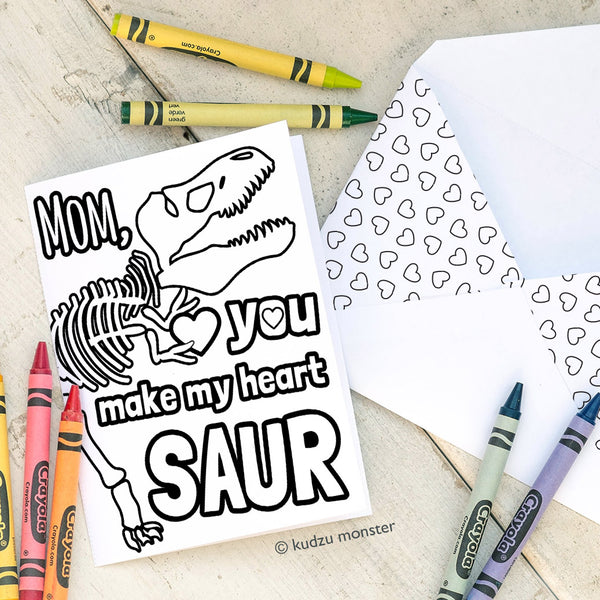 Coloring Activity Mother's Day Card: T Rex Fossil