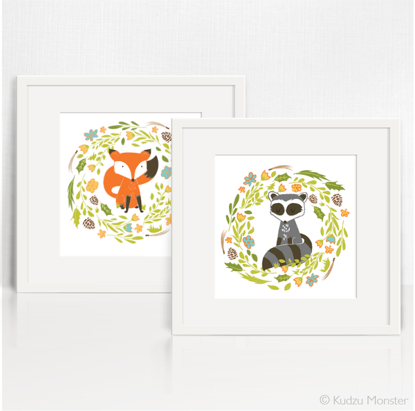Woodland Fox + Raccoon Art - Kudzu Monster