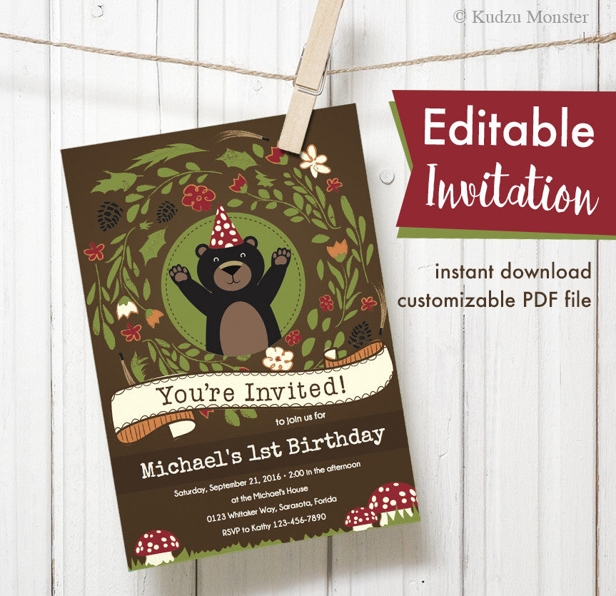 Woodland Bear Printable Invitation - Kudzu Monster
 - 1