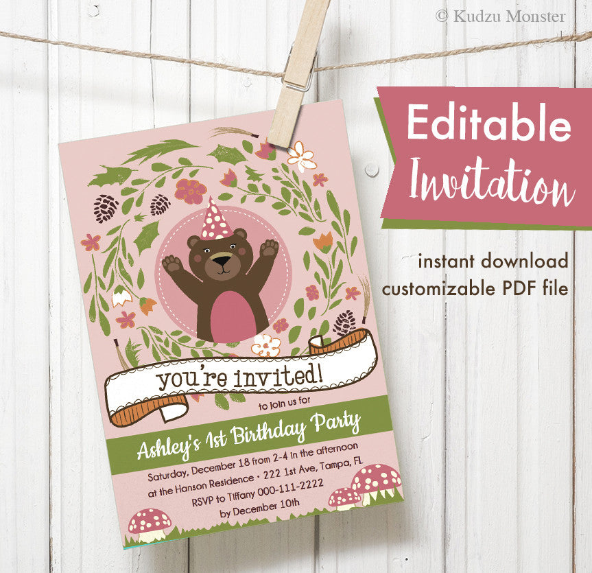 pink-woodland-bear-printable-invitation-kudzu-monster for Build A Bear Invitations Printable Free Pink Woodland Bear Printable Invitation – Kudzu Monster for Build A Bear Invitations Printable Free