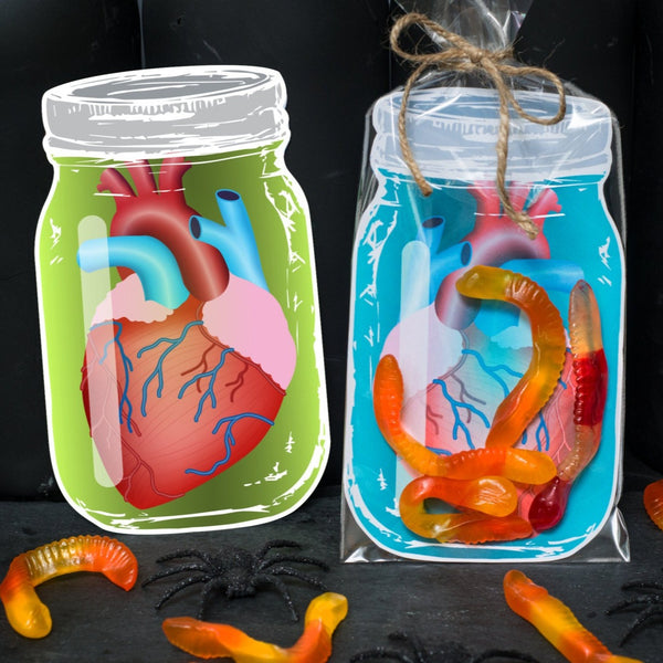 INSTANT DOWNLOAD heart in a jar gummy worm printable bag inset for halloween candy or small toys spooky weird science Halloween party favor