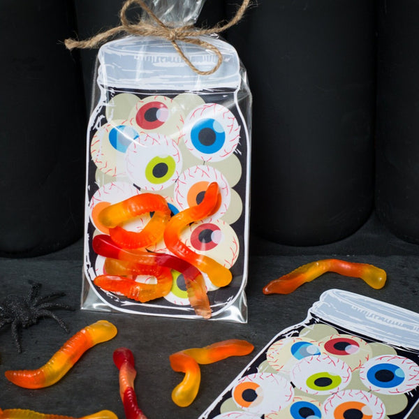 INSTANT DOWNLOAD Jar of Eyeballs gummy worm printable bag inset for halloween candy or small toys spooky weird science Halloween party favor