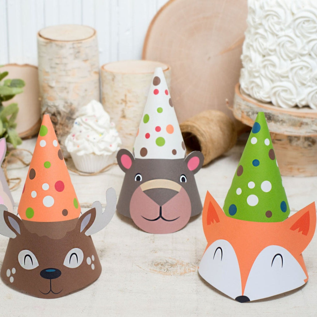 woodland animals Party Hat kit Fox party hat, Deer party hat, squirrel/chipmunk hat, and Brown Bear hat with ears and antlers that pop out