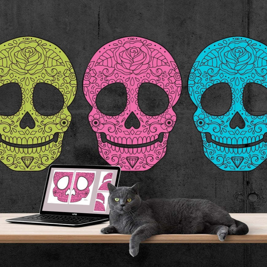 Large Multi-Page Printable Sugar Skull Poster wall art Day of the Dead Party Lime Green Hot Pink, Bright Blue, and Electric Orange Skulls