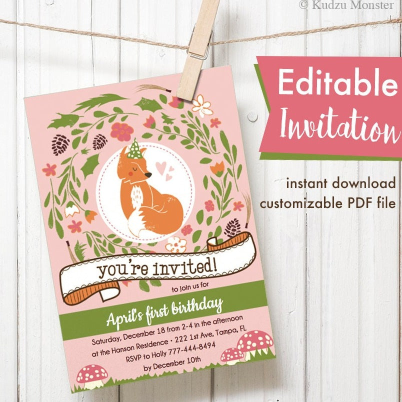 Woodland fox theme pink Editable Printable Birthday Party Invitation girly baby shower floral mushrooms Instant Download cute fox invite