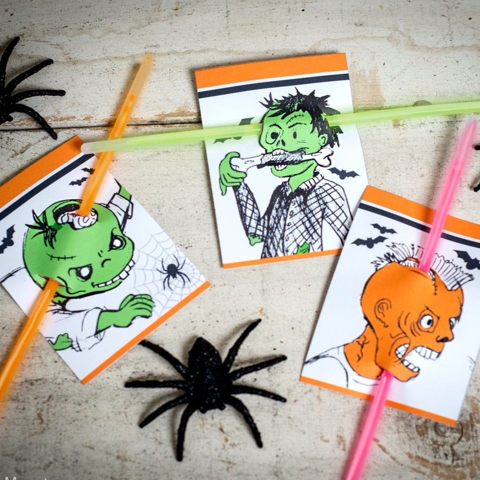 Halloween Printable non candy treats Zombie head stabbed with glow stick bracelet, pencil, etc . . . Funny gross Halloween cards easy DIY