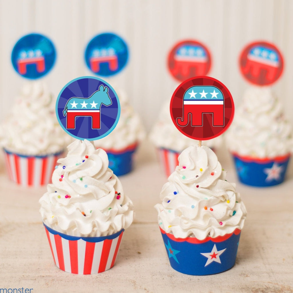 Cupcake Printables Election Party Political Debate Party DIY cupcake kit Cupcake Wrappers Toppers Republican Elephant Democrat Donkey