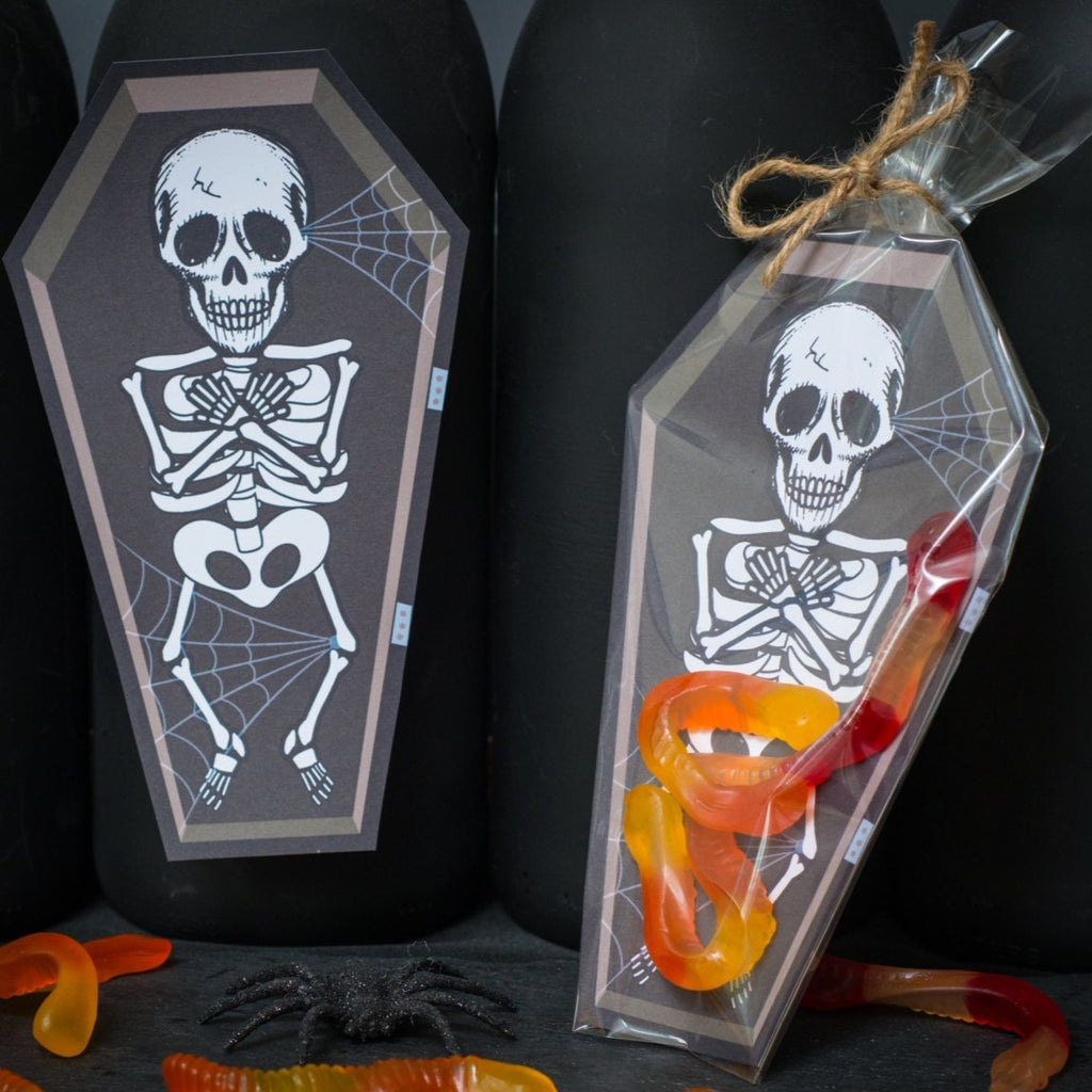 INSTANT DOWNLOAD Skeleton Open Coffin gummy worm printable bag inset for halloween candy or small toys spooky Halloween party favor