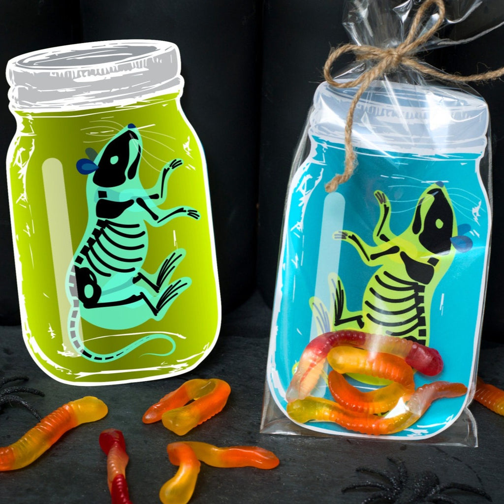 INSTANT DOWNLOAD Rat in a jar gummy worm printable bag inset for halloween candy or small toys spooky weird science Halloween party favor