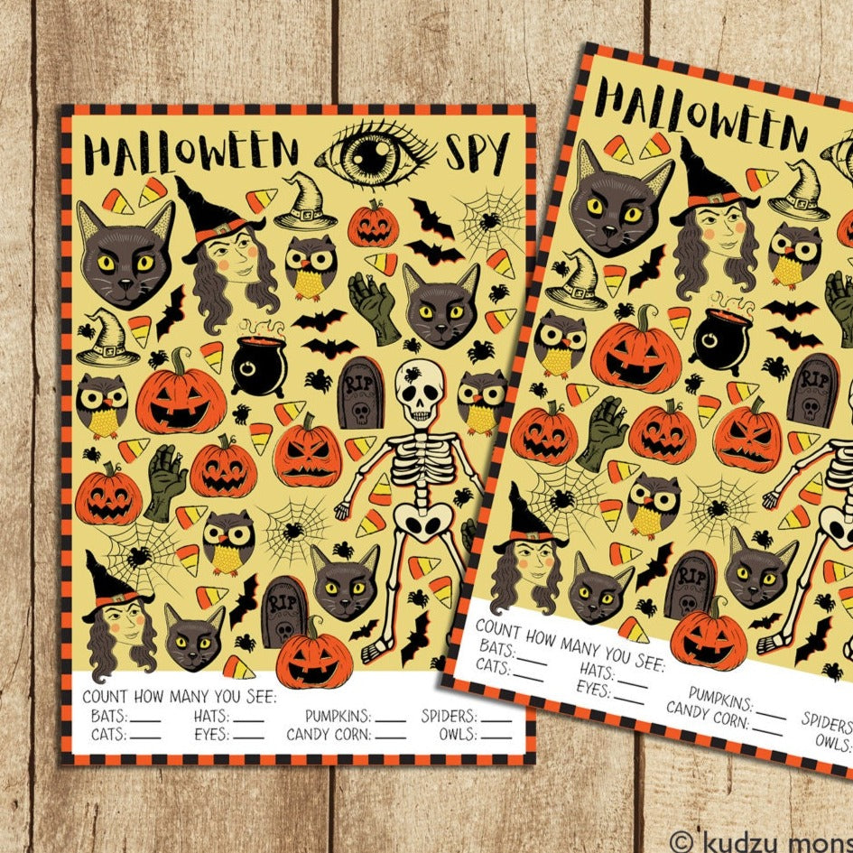 Printable Halloween I Spy activity game with Vintage style spooky illustrations Classroom activity Counting game Easy DIY print at home game