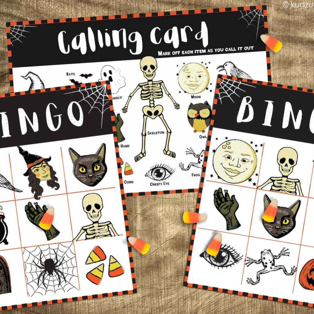 Printable Halloween Bingo game Vintage Retro style Halloween illustrations Class activity fun kids party activity easy bingo game